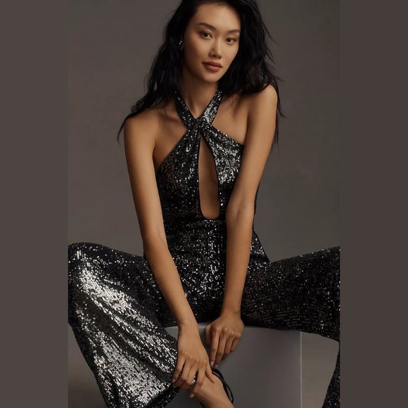 NEW Maeve Sizes 4, 6, 8 - Women's Sequin Halter Wide Leg Jumpsuit - Carbon - Picture 5 of 5